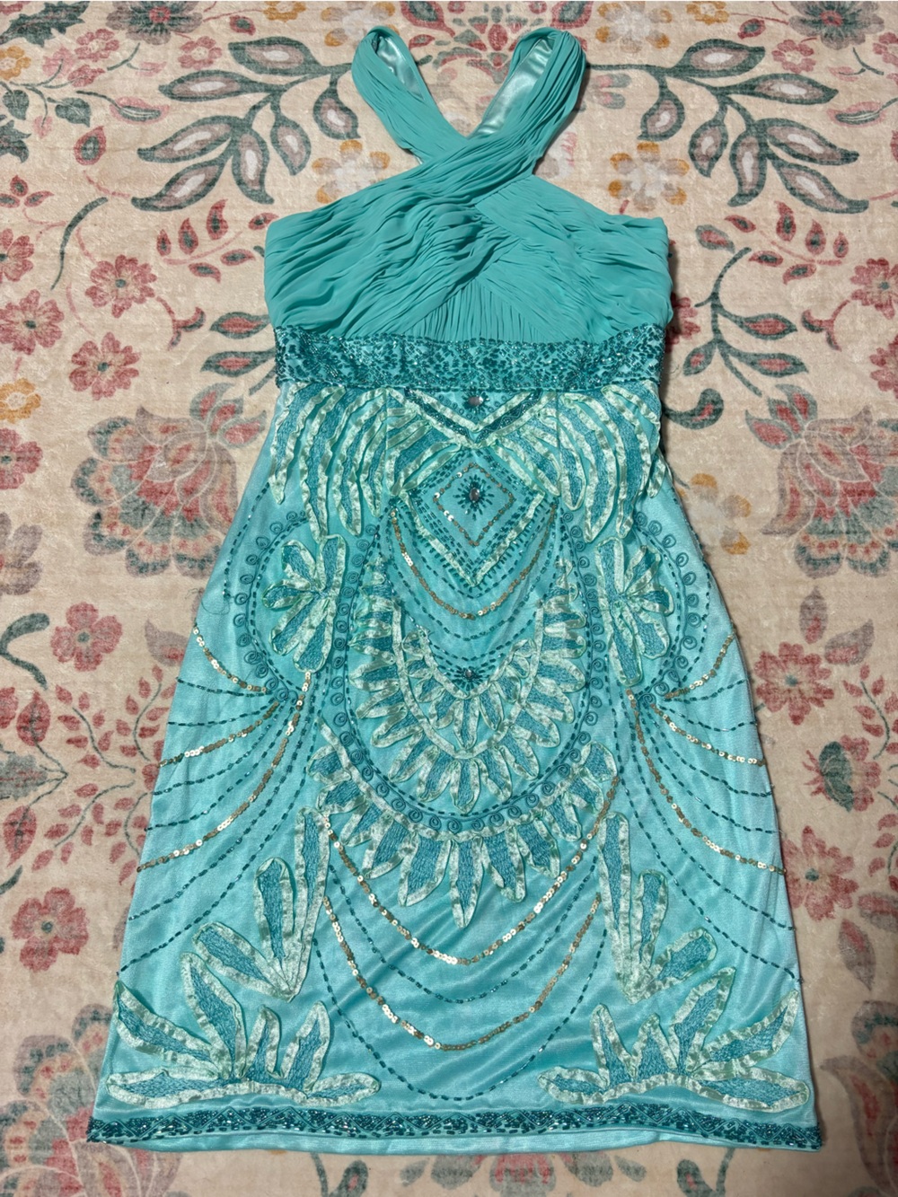 Sue Wong Teal Embellished Halter Mini Dress